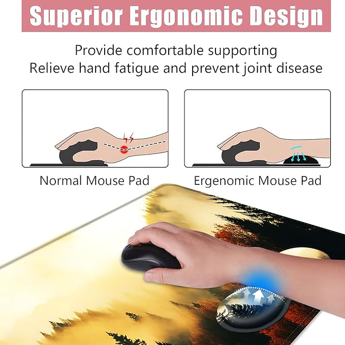 Large Keyboard Mouse Pad Set Extended Mouse Pad+Keyboard Wrist Rest Support Memory Foam Ergonomic Easy Typing 4Pcs (31.5×11.8 in) Desk Pad Set for Office HomeNature Misty Forest
