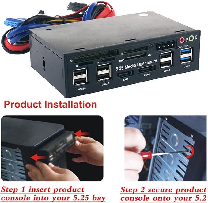 DAGIJIRD 5.25'' PC Front Panel Dashboard Multifunctional Hub USB 3.0 Card Reader Media Dashboard Front Panel Kit