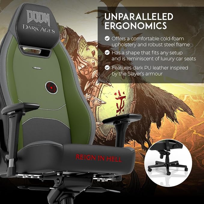 noblechairs Legend Gaming Chair – Doom: The Dark Ages Edition – Premium PU Leather Adjustable Ergonomics Lumbar Support 4D Armrests – Officially Licensed Bethesda Collectible