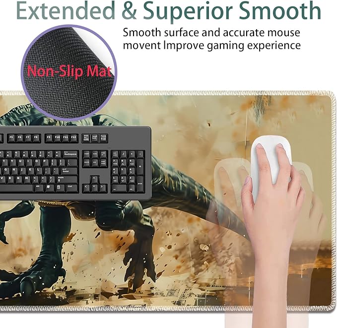 Large Gaming Mouse Pad + Keyboard Wrist Rest + Wrist Support + Coaster Set Memory Foam Ergonomic for Easy Typing XXL Extended Gaming Mouse Pad Table Pad - T-Rex