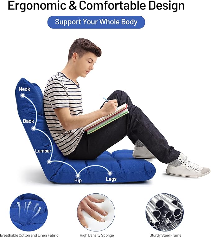 Giantex Floor Sofa Chair Video Gaming Chair with 14 Adjustable Position Padded Back Support Floor Cushioned Seat Folding Lazy Chair for Meditation Reading Watching Living Room Recliner(Blue)