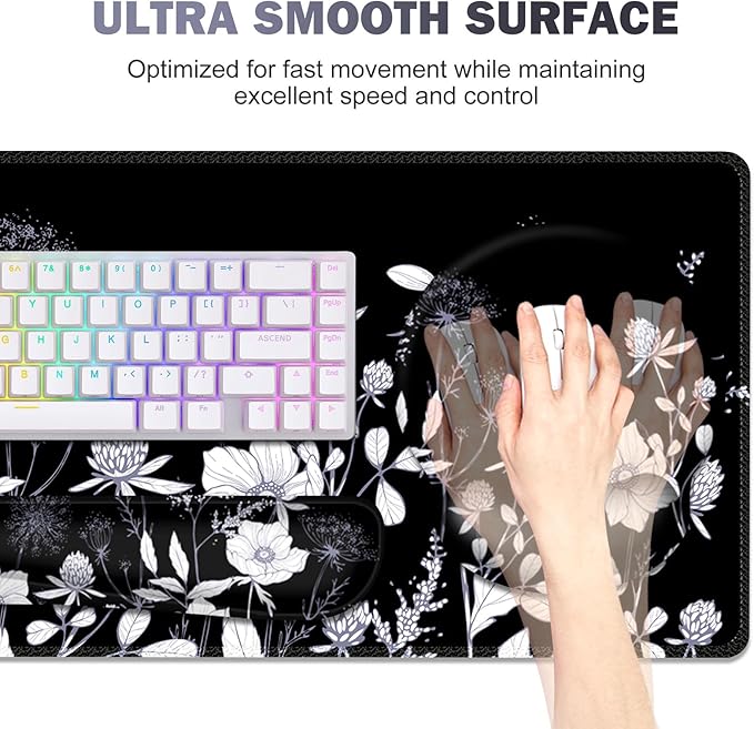 Gaming Mouse Pad Large Desk Mat Cute Desk Pad Protector 4in1 XXL Mousepad + Keyboard Wrist Rest+Mouse Wrist Rest+Coaster Set with Ergonomic Desk Pad for Home Office PC Computer Black White Flowers