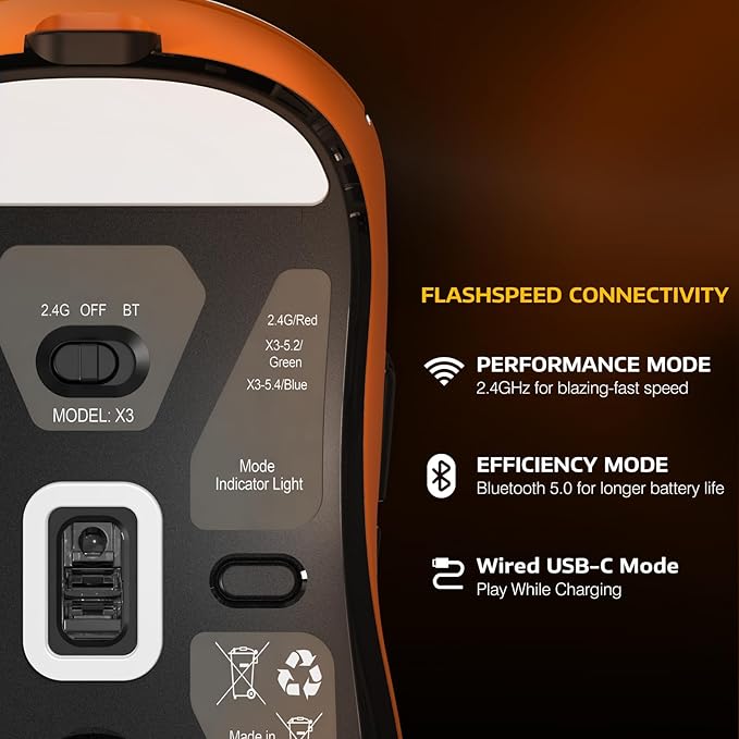 MANBASNAKE Attack Shark X3 Wireless Gaming Mouse 49g Triple Mode Ergonomic Computer Mouse PAW3395 26K DPI Sensor 200h Battery Life Griptape Programmable Buttons for PC/Laptop/Mac (Orange)