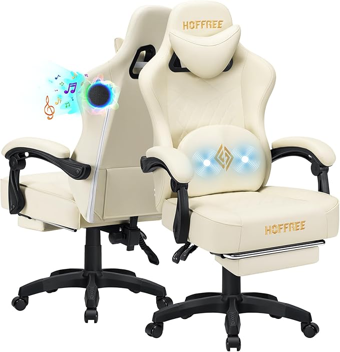 HOFFREE Gaming Chair Computer Chair with Speakers Massage Game Chairs with Footrest Bluetooth High Back Ergonomic Computer Gaming Chairs for Adults Reclining Video Gamer Chair Ivory