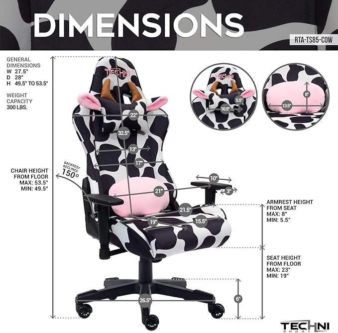 Gaming Chair Cow Print - Ergonomic Reclining Swivel Chair PC Racing Gamer Chair