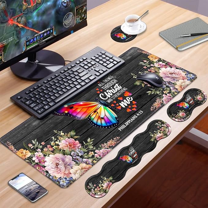 Ergonomic Keyboard Wrist Rest &amp Mouse Pad Wrist Rest Set Large XXL Gaming Desk Mat 31.5x 11.8 Memory Foam Easy Typing Pain Relief for Office &amp Home Butterfly Quote Bible Verse Philippian