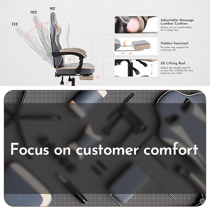 Gamer Chair Ergonomic Computer Chair Gaming Linked Armrests 300lb Capacity Heavy Duty Wide Seat Adjustable Recliner for Professional Players and Adults (Beige+Blue)