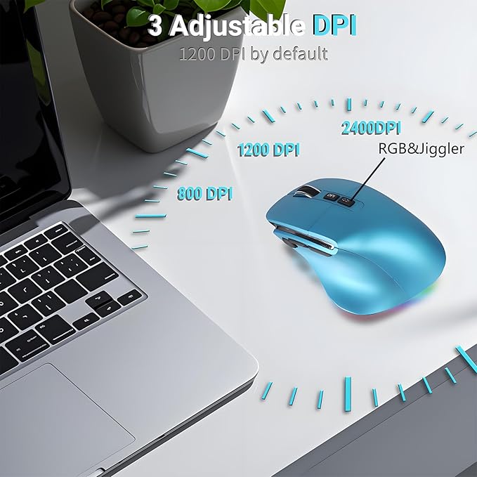 Ergonomic Mouse JigglerBluetooth Vertical Wireless MouseLED Rechargeable Optical Computer Mice Portable(BT5.2 or USB 2.4GHz) Dual Mode1000/1600/2400 DPI8 Buttons for LaptopPCMacbook (Blue)