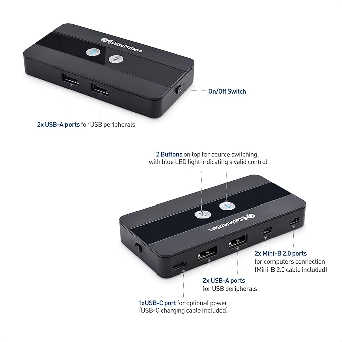 Cable Matters USB 2.0 Switch Hub USB Sharing Switch for 2 Computers and 4 USBA Peripherals - Button or Wireless Remote Control Swapping