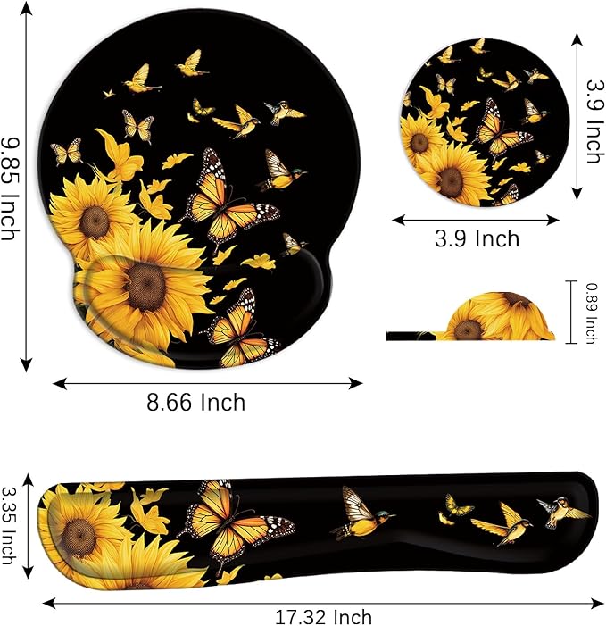 Mouse Pad Wrist Support and Keyboard Wrist Rest Pad with CoasterNon-Slip Rubber Base Ergonomic Gaming Mousepad for Home Office Working Studying Easy Typing &amp Pain ReliefBirds Sunflower Butterfly