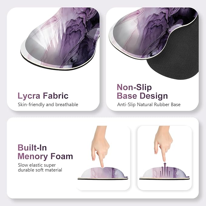 Gaming Mouse Pad Keyboard Wrist Support 4 in1 Mousepad Set with Wrist Keyboard Rest Computer Desk Mat Non-Slip Desk Pad Protector with Memory Foam Easy Typing Pain Relief I Purple Marble