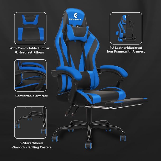 Gaming Chair with Linkage Armrest &amp Footrest High Back Video Gaming Chair Black/Blue