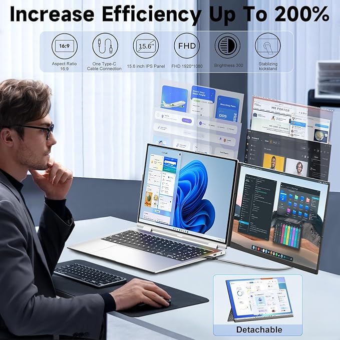 KEFEYA Laptop Screen Extender 15.6 FHD 1080P IPS Laptop Monitor Extender Detachable Portable Monitor for Laptops 13-17.3 with Breath Light Plug n Play for Windows/Mac/Android/Switch/PS5