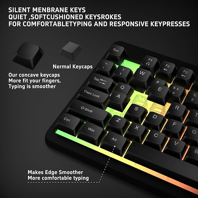 RECCAZR Rainbow LED Backlit Gaming Keyboard104 Full-Size Mechanical Feeling Multimedia PC Gaming Keyboard Anti-GhostingSpill-Resistant for PC and Office Device