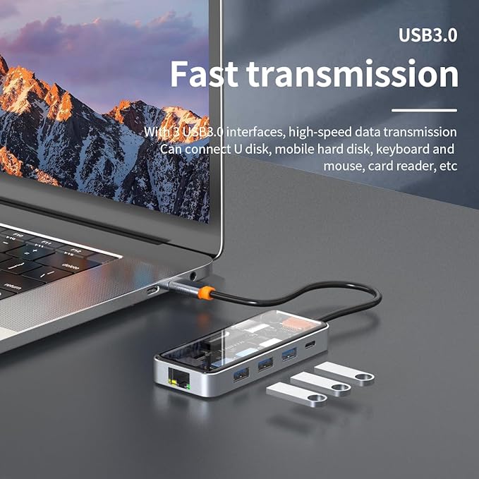 DroiX NT8 Clear USB Hub with Ultra-Fast RJ45 Gigabit Ethernet 4K HDMI 2.0 Output Rapid 100W PD Charging Versatile 3X USB Type-A 3.0 Ports Dual Micro/SD Card Readers Sleek Design.