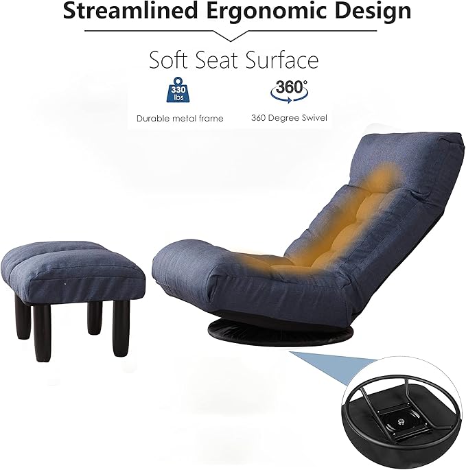 Henf Floor Gaming Chair with footrest 360 Degree Swivel Sofa Reclining Chair Lazy Sofa Tatami Leisure Sofa Adjustable 3-Position Floor Chair Folding Sofa Lounger Navy Blue