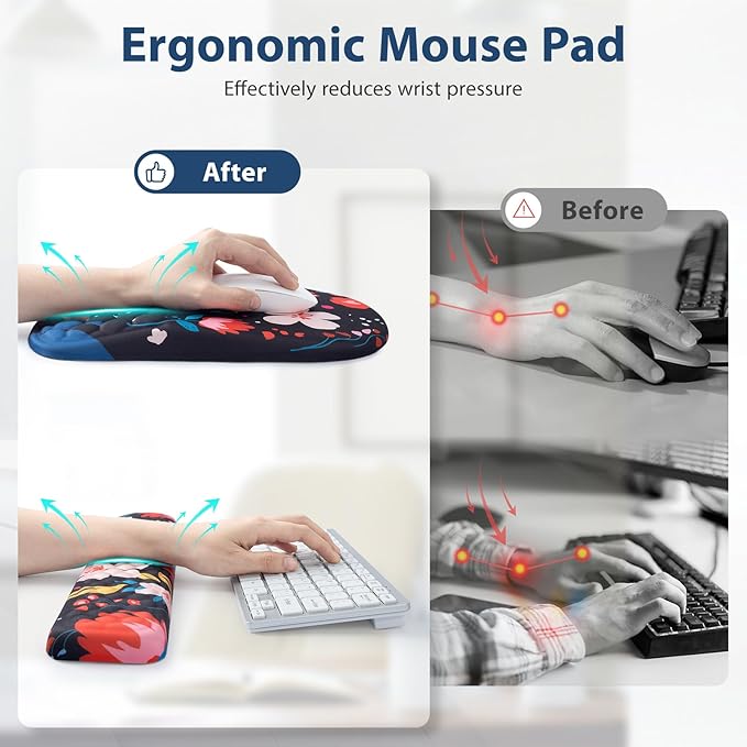 EYROZILL 3 in 1 Ergonomic Mouse Pad and Keyboard Wrist Rest Cute Mouse Pad with Wrist Support Massage Design Non-Slip Wrist Pad for Mouse Desk Mouse Set(Flower)