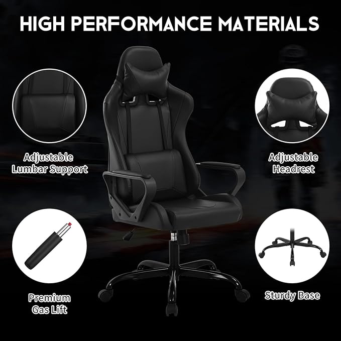 BLKMTY Gaming Chair Video Game Ergonomic Office Racing Computer PU Leather Chair - High Back Executive Task with Lumbar Support Headrest Swivel Chairs Black