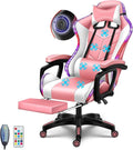 Big and Tall Gaming Chair with Footrest Ergonomic Massage Office Chairs LED Video Game Chair with Speakers Comfortable Headrest Lumbar Support High Back Desk Chair PU Leather for AdultsPink