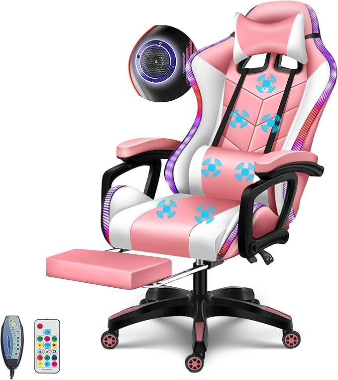 Big and Tall Gaming Chair with Footrest Ergonomic Massage Office Chairs LED Video Game Chair with Speakers Comfortable Headrest Lumbar Support High Back Desk Chair PU Leather for AdultsPink