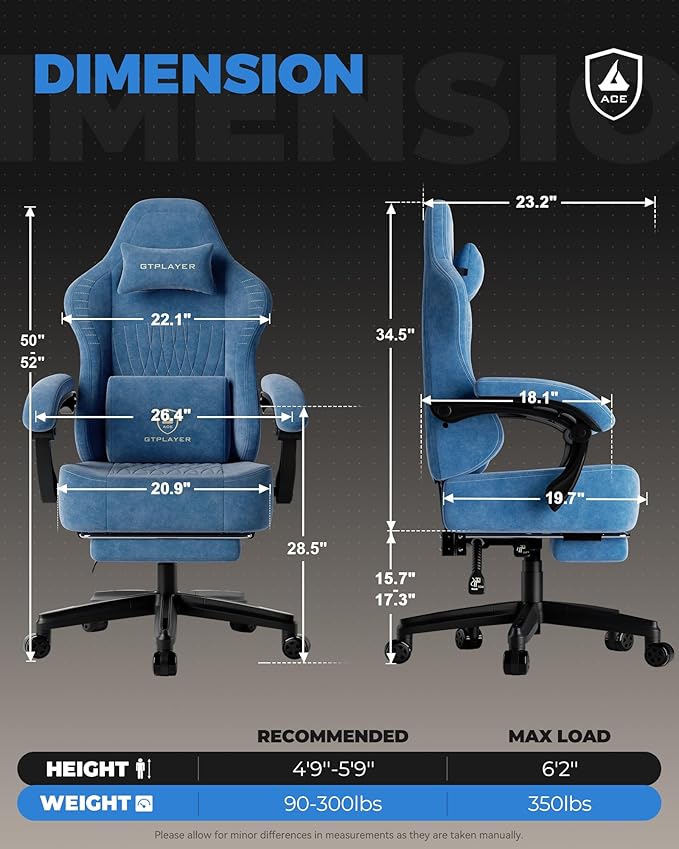 GTPLAYER Big and Tall Gaming Chair with Footrest Extra Wide Seat Video Game Chairs for Adults - Padded High Back Ergonomic Reclining Silla Gamer Linkage Armrest Ace Pro Blue【Velvet】 (Oversized)