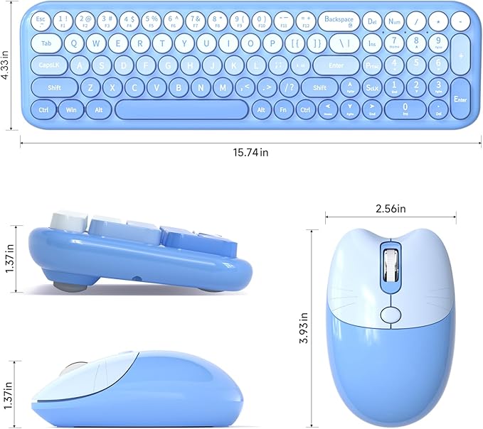 Wireless Keyboard and Mouse Combo MOWUX Compact Typewriter Retro Round Computer Keyboard Cute Optical Mouse Wireless Plug and Play for Laptop PC Computer- Blue Gradient