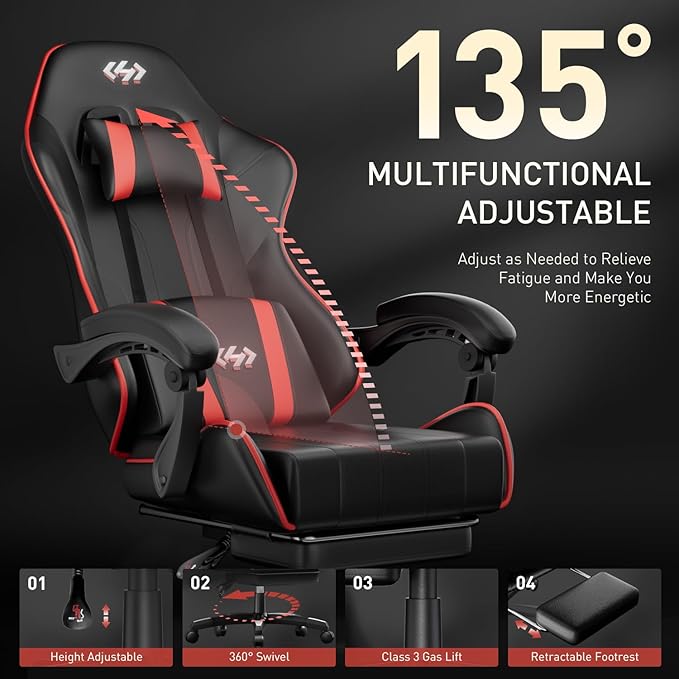 HLDIRECT Gaming Chair Ergonomic Computer Office Chair with Lumbar Support Footrest Headrest PU Leather 360° Swivel Adjustable Height Metal Frame 200 lbs Capacity (Black&ampRed)
