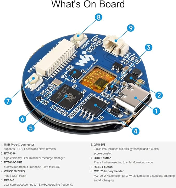 waveshare RP2040-Touch-LCD-1.28 Based on Raspberry Pi RP2040 Board with 1.28inch Round Touch LCD 240x240 Pixels 65K RGB Colors IPS LCD Display Accelerometer and Gyroscope Sensor Dual-Core Processor