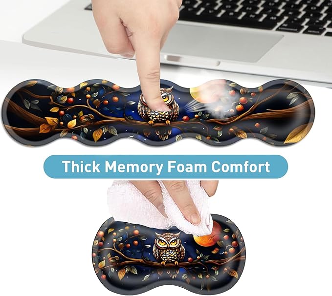 Keyboard Mouse Pad Set Extended Gaming Mouse Pad+Ergonomics Keyboard Wrist Rest Support Memory Foam Easy Typing Pain Relief 4Pcs XL Ultra Thick Desk MatOwl on Branch Moonlit Night