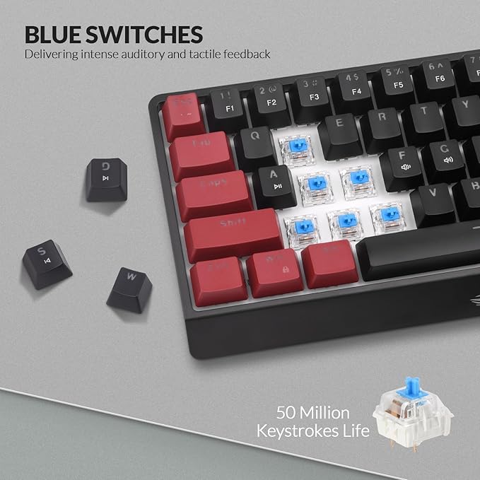 Rii RK806 60% Mechanical Gaming Keyboard61 Keys Compact Wired Keyboard with RGB BacklightClicky Blue SwitchAnti-ghostingfor Windows Laptop PC Mac(Black&ampRed)