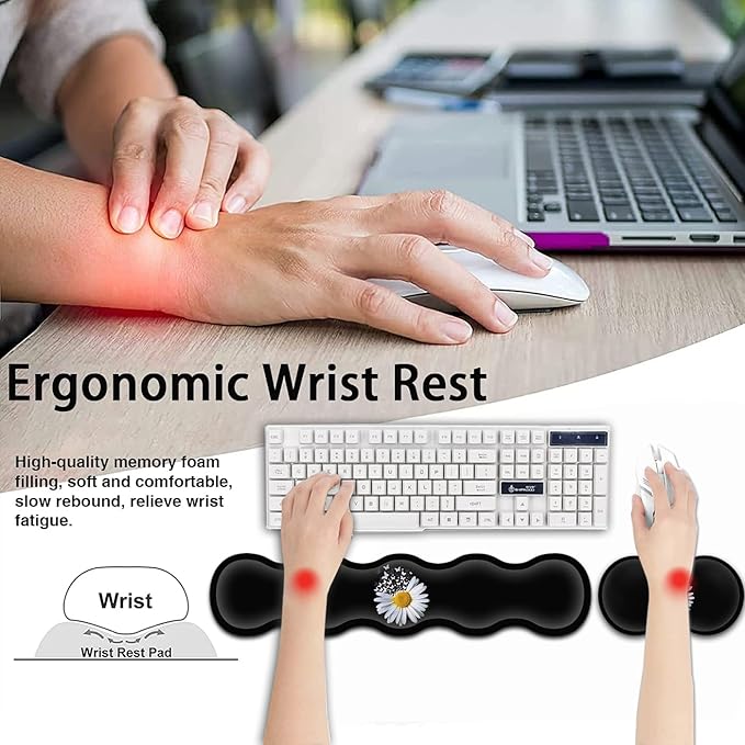Ergonomic Keyboard Mouse Pad Wrist Rest Support Set Extended Gaming Mouse Pad Large XXL Mousepad + Memory Foam Wrist Rest Waterproof Office Desk Mat Writing Pad White Daisy Flowers Black Mousepad