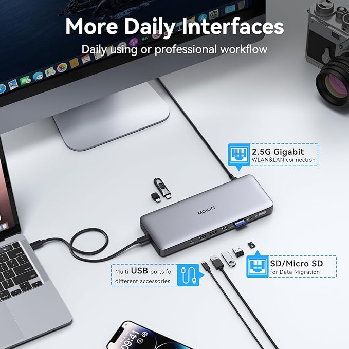 MOKiN Thunderbolt 4 Dock - 16 Ports USB C Docking Station 3 Monitors for Laptop with 2*Thunderbolt 4 Port 96W Charger 2.5Gbps Ethernet for Dell HP Lenovo MacBook（Intel Thunderbolt™ Certified）