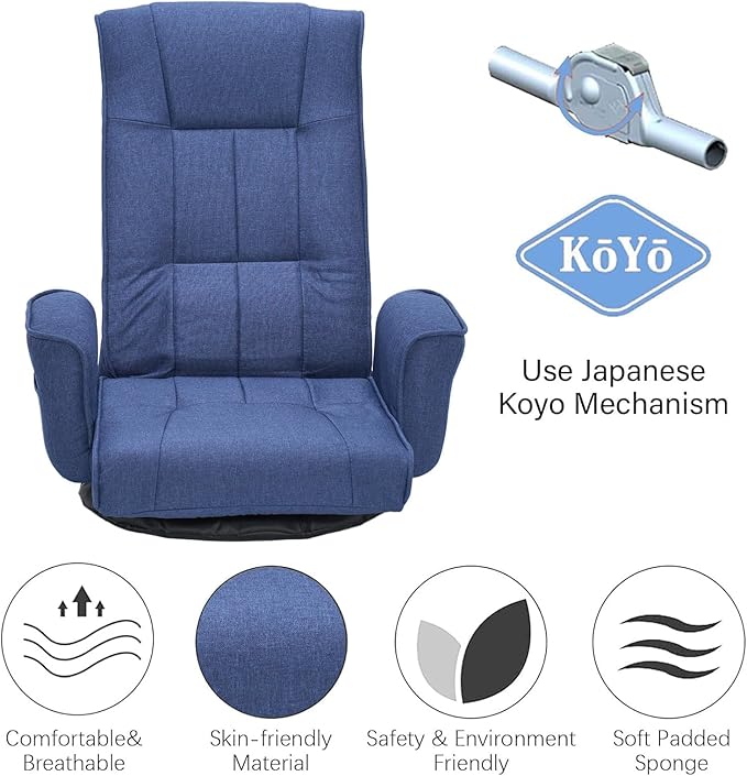 FLOGUOR 360 Swivel Gaming Chair 14-Position Adjustable Folding Floor Sofa with Armrests Lounger Bed for Home &amp Living Room Chaise Lounge Indoor for Adults (Blue-1)