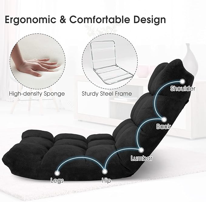 Byroce Folding Floor Gaming Chair 14-Position Adjustable Lazy Padded Sleeper Sofa Bed with Back Support Couch Recliner Floor Chair for Meditation Reading in Bedroom Living Room (Black)