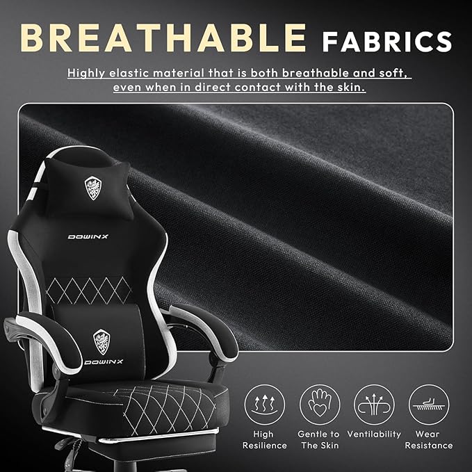 Dowinx Fabric Gaming Chair Computer Office Chair with Pocket Spring Cushions and Lumbar Support Ergonomic Massage Gaming Chairs with Footrest for Big and Tall Black