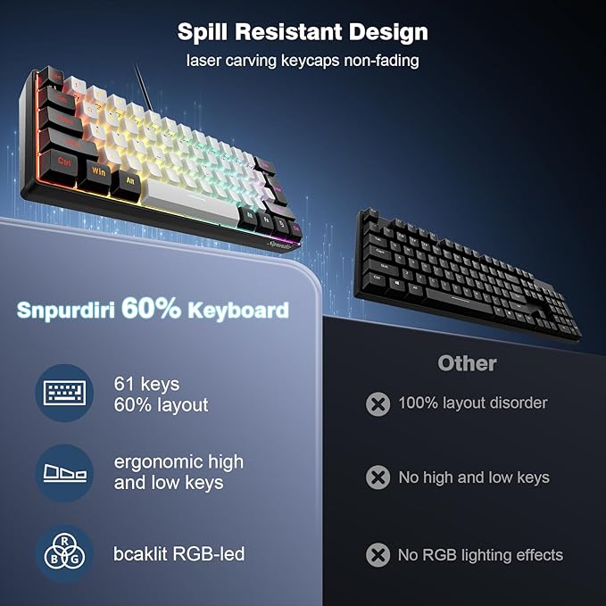 Snpurdiri 60% Wired Gaming Keyboard 61 Keys RGB Backlit Ultra-Compact Small Gaming Keyboard for PC/Mac Gamer Typist Travel Easy to Carry on Business Trip(Black-White)