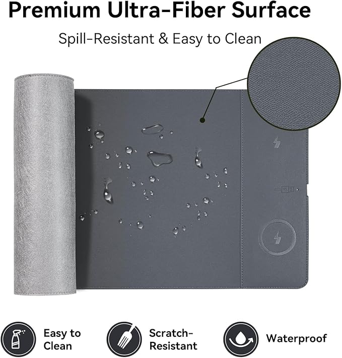 Wireless Charging Mouse Pad 15W Fast Charge Magnetic Charger Desk Pad Large Office Desk Mat (23.4x15.6) with Ultra-Smooth Surface Gray Computer Mousepad for MacBook PC Laptop