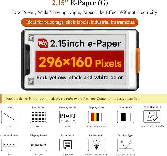 2.15inch E-Paper Display Compatible with Raspberry Pi 5/4B/3B+/Zero/Zero W/Zero 2W/Pico/Pico W/Pico 2/Jetson Nano 296x160 Pixel E-Ink Display Red/Yellow/Black/White SPI Interface with Driver Board