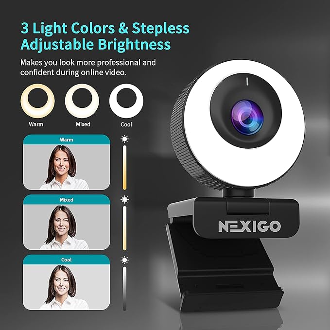 NexiGo N620E Webcam with Light 1080P 60FPS AutoFocus ePTZ 2X Digital Zoom Plug and Play [Software Included] FHD Streaming Web Camera Dual Stereo Mics for Zoom Skype Teams PC Mac Laptop Desktop