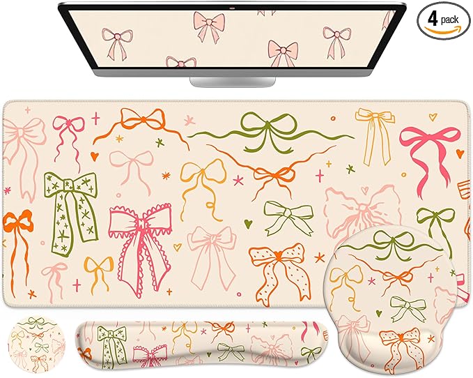 iCasso Desk Pad Mat Large Mouse Pad and Keyboard Wrist Rest Set Desk Protector Mat4in1 Ergonomic Carpal Tunnel Keyboard Pad with Wrist Support for Desktop Home Office Computer (Colorful Ribbon)