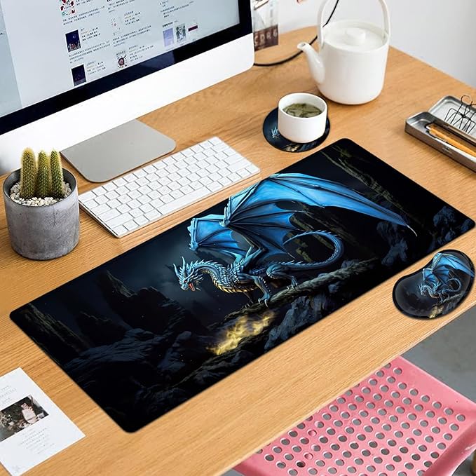 Large Mouse Pad with Mouse Wrist Rest 31.5x11.8 in Extended Mouse Mat with Non-Slip PU Base Ergonomic Memory Foam Wrist Rest for Work &amp Gaming Writing Pad Blue Flying Dragon Office Desk Pad