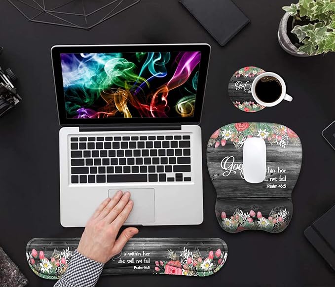 Ergonomic Mouse Pad Wrist Support and Keyboard Wrist Rest Set with Coasters Non-Slip PU Base Easy Typing &amp Pain Relief for Computer Laptop Home Office Floral Quote Bible Verse Psalm 46:5