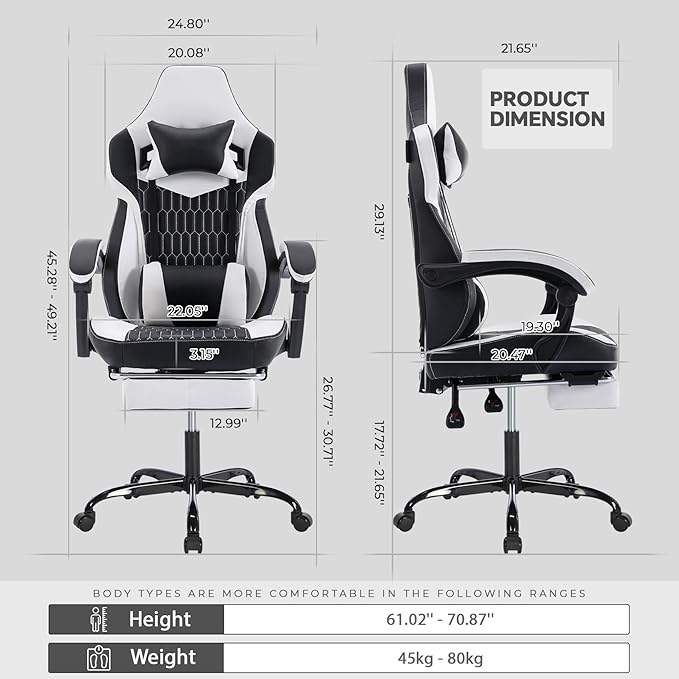 Gaming Chair with Footrest Ergonomic Gamer Chair with Adjustable Lumbar Support &amp Headrest Computer Chair for Adults High Back Video Game Chairs for Home Office PC Gaming Chair (Black)