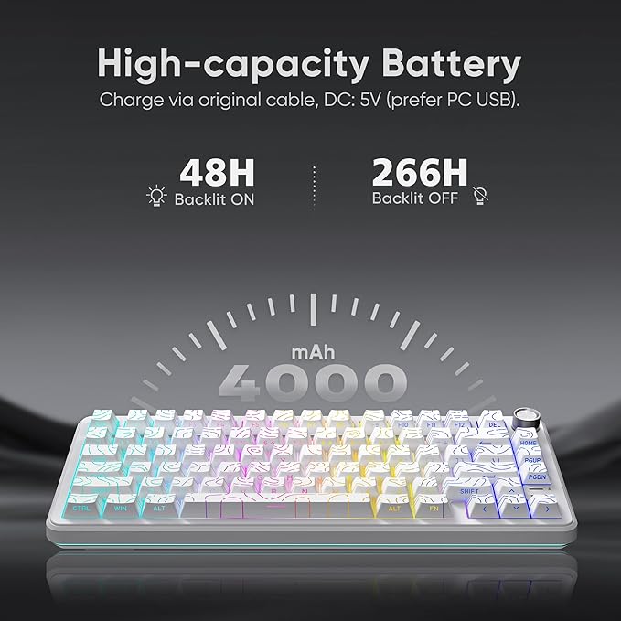 RedThunder K75 Wireless Mechanical Keyboard CNC Knob Tri-Mode BT5.0/2.4GHz/USB-C Hot Swappable Custom Pre-lubed Linear Coconut Switches Gasket Structure RGB Gaming Keyboard White Contour Lines