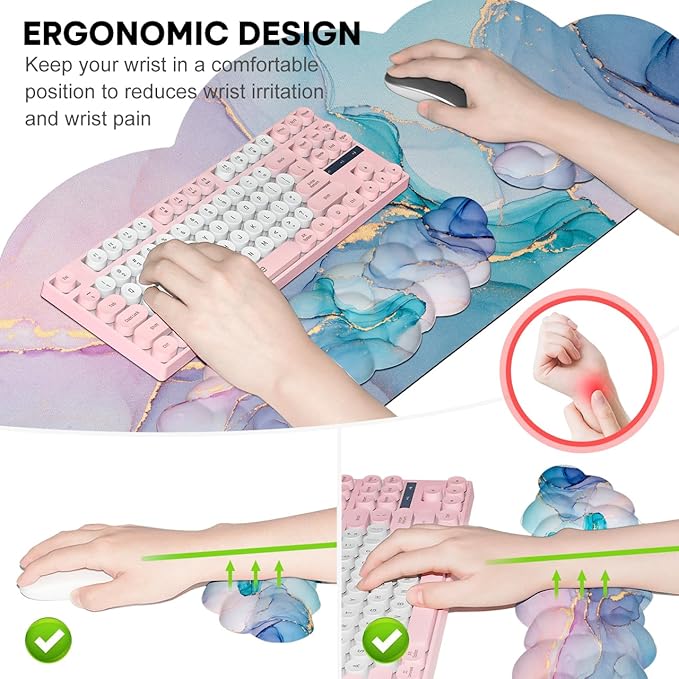 JIKIOU Large Cloud Mouse Pad Waterproof with Cloud Keyboard Wrist Pad and Cloud Mouse Wrist Pad Set Ergonomic Computer Desk Wrist Support Mousepad for Keyboard and Mouse 35.4x15.7in Marble Blue
