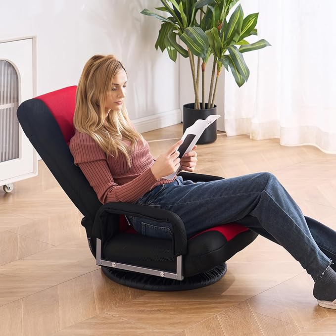 VEVOR Swivel Floor Gaming Chair with Armrests 360-Degree Rotating Floor Chair with 6 Adjustable Position Folding Backrest and Lumbar Support Folding Video Reclining Sofa for TV Reading Red Black