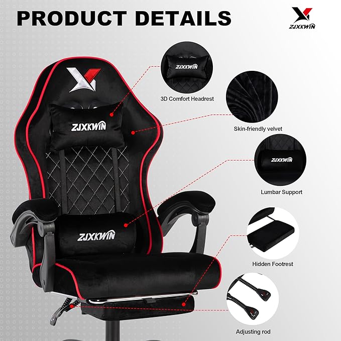 Gaming Chair with Footrest Ergonomic Computer Chair with Headrest &amp Lumbar Support Skin-Friendly Velvet Adjustable Height &amp Backrest Linked Armrest for Gamer Home Adults Office RestRed