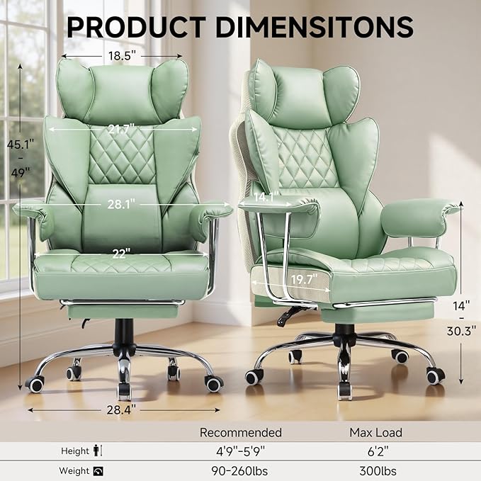 COMHOMA Big and Tall Office Chair High Back Leather Gaming Chair with Footrest Executive Ergonomic Office Chairs with Pocket Spring Lumbar Support and with Outward Fixed Soft Armrests