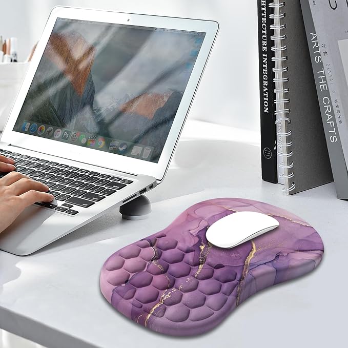 AIMSA Upgraded Wrist Rest Support Mouse Pad Ergonomic Mousepad Massage Memory Foam Design Pain Relief Comfortable Wrist Cushion Mat Non-Slip PU Base for Home Office Purple Marble