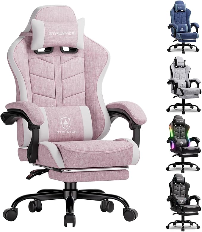 GTPLAYER Gaming Chair with Footrest Computer Gaming Chair for Adults and Kids Height Adjustable Gamer Chair with 90-155° Recline &amp Removable Headrest Lumbar SupportLinen Fabric Pink